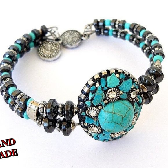 Turquoise Natural Stone Hematite Cord Bracelet Han - Picture 2 of 4